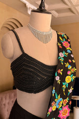 Black Crepe Satin Silk Floral Embroidered Readymade Saree highlighting the pre-stitched liquid-like drape