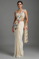 Cream Crepe Satin Silk Floral Embroidered Readymade Saree