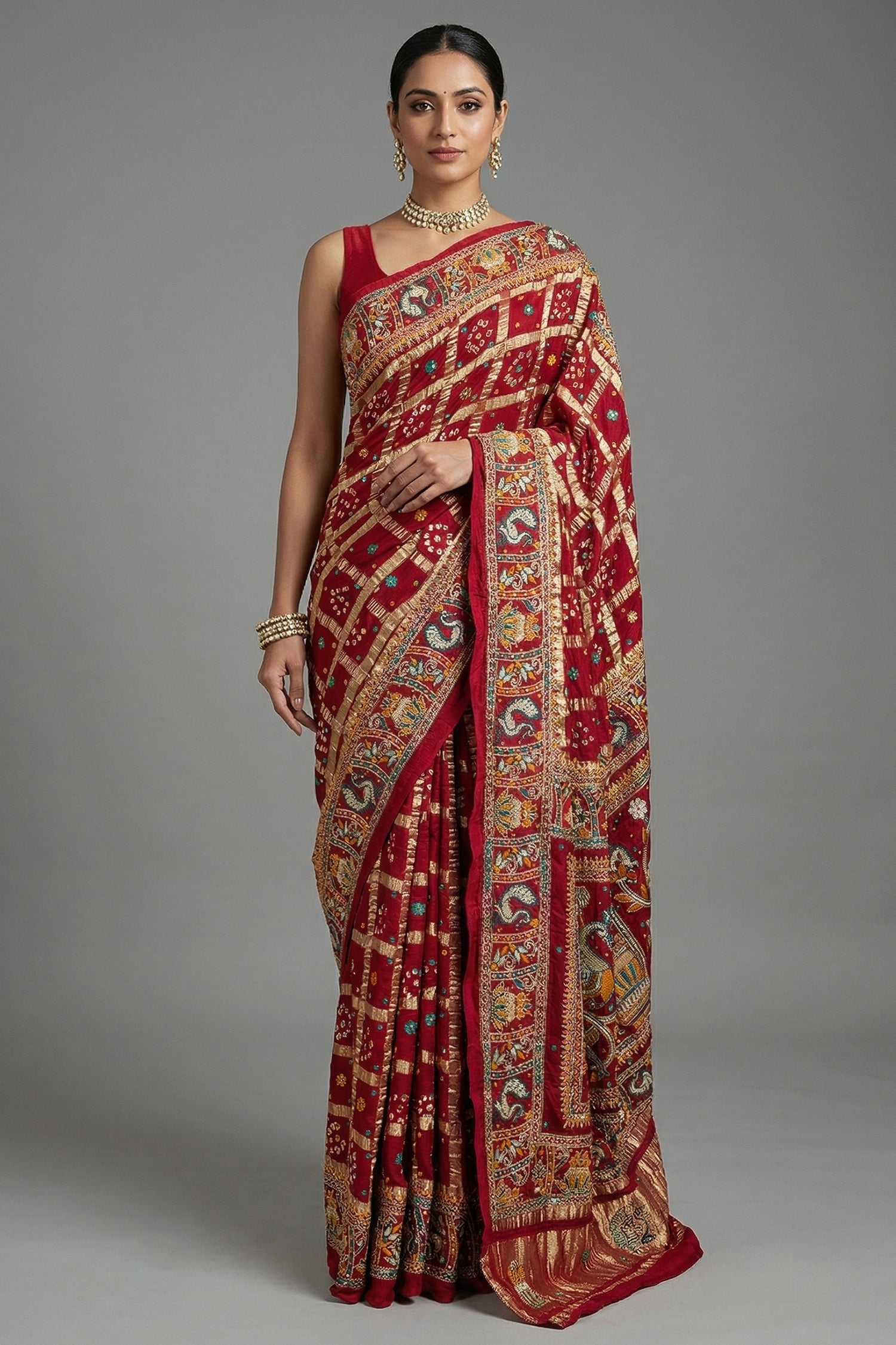 Maroon Gaji Silk Traditional Gharchola Saree with Peacock Motif Pallu - maroon silk saree