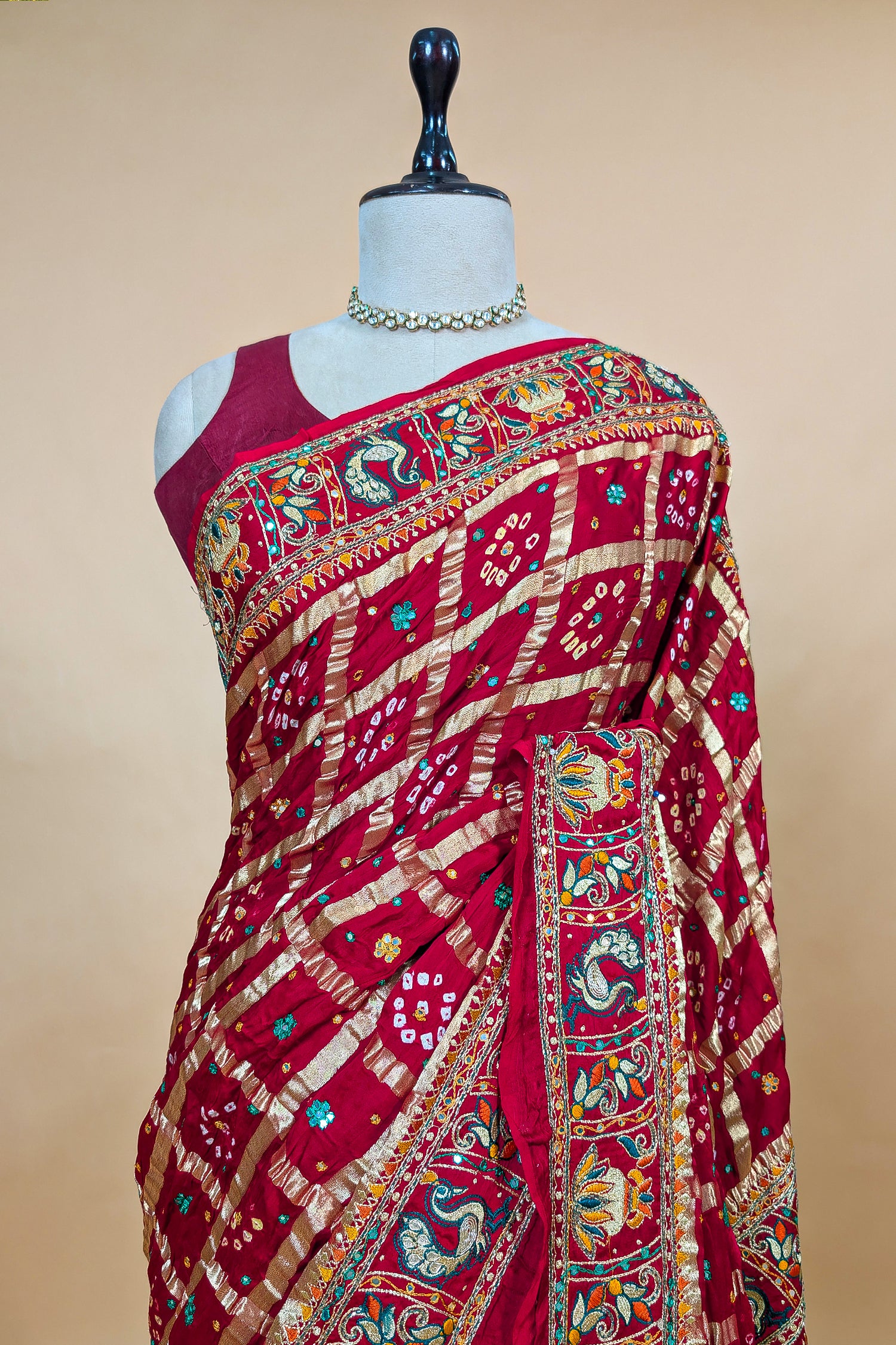 Maroon Gaji Silk Traditional Gharchola Saree with Peacock Motif Pallu - maroon silk saree