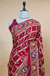 Maroon Gaji Silk Traditional Gharchola Saree with Peacock Motif Pallu - maroon silk saree