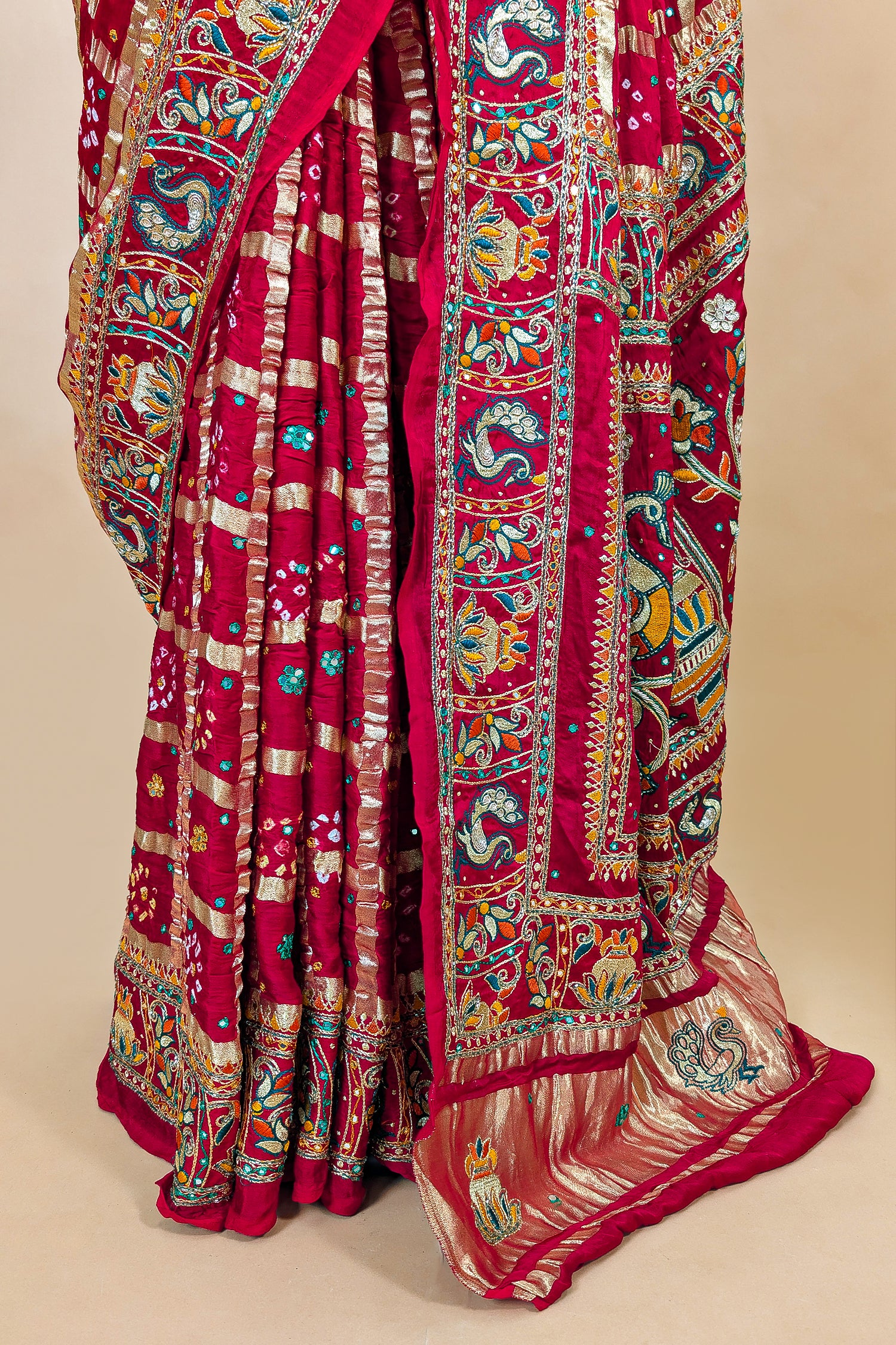 Maroon Gaji Silk Traditional Gharchola Saree with Peacock Motif Pallu - maroon silk saree
