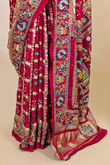 Maroon Gaji Silk Traditional Gharchola Saree with Peacock Motif Pallu - maroon silk saree