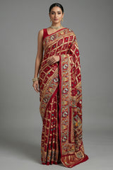 Maroon Gaji Silk Traditional Gharchola Saree with Peacock Motif Pallu - maroon silk saree