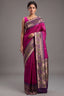 Rani Magenta Handloom Silk Weaving Saree with Indigo Contrast Border and Traditional Temple Motifs