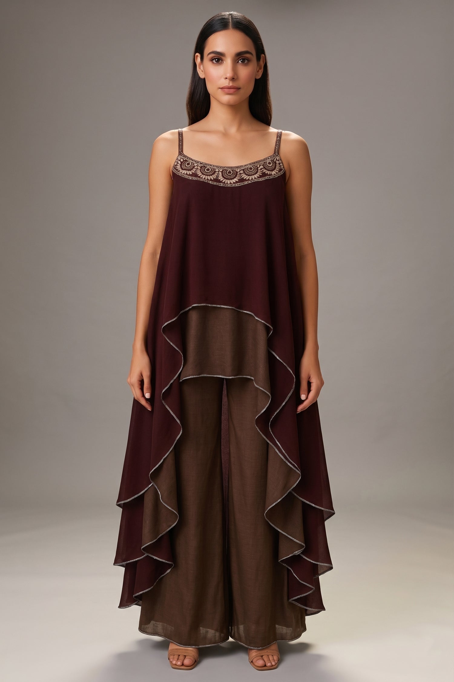Maroon and Taupe Georgette Square Neck High and Low Layered Asymmetric Hem Detail Co-Ord Set - red georgette saree