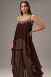 Maroon and Taupe Georgette Square Neck High and Low Layered Asymmetric Hem Detail Co-Ord Set - red georgette saree
