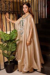 Light Beige Pearl Worked Tissue Cape Style Palazzo Set - beige saree