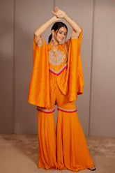Orange Raw Silk Dori Embroidered Sharara Set - red silk saree embroidered