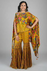 Mustard Yellow Gaji Silk Printed Sharara Set
