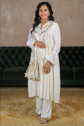 Pearl White Cotton Silk Lace Worked Suit - white silk saree
