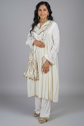 Pearl White Cotton Silk Lace Worked Suit