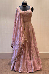 Onion Pink Embroidered Anarakli Suit with Dupatta in Mul Chanderi