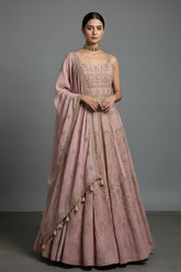Onion Pink Embroidered Anarakli Suit with Dupatta in Mul Chanderi - red chanderi saree embroidered