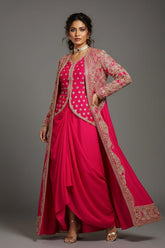 Pink Raw Silk Designer Heavy Worked Crop Top Jacket with Pleated Dhoti Skirt - pink silk saree