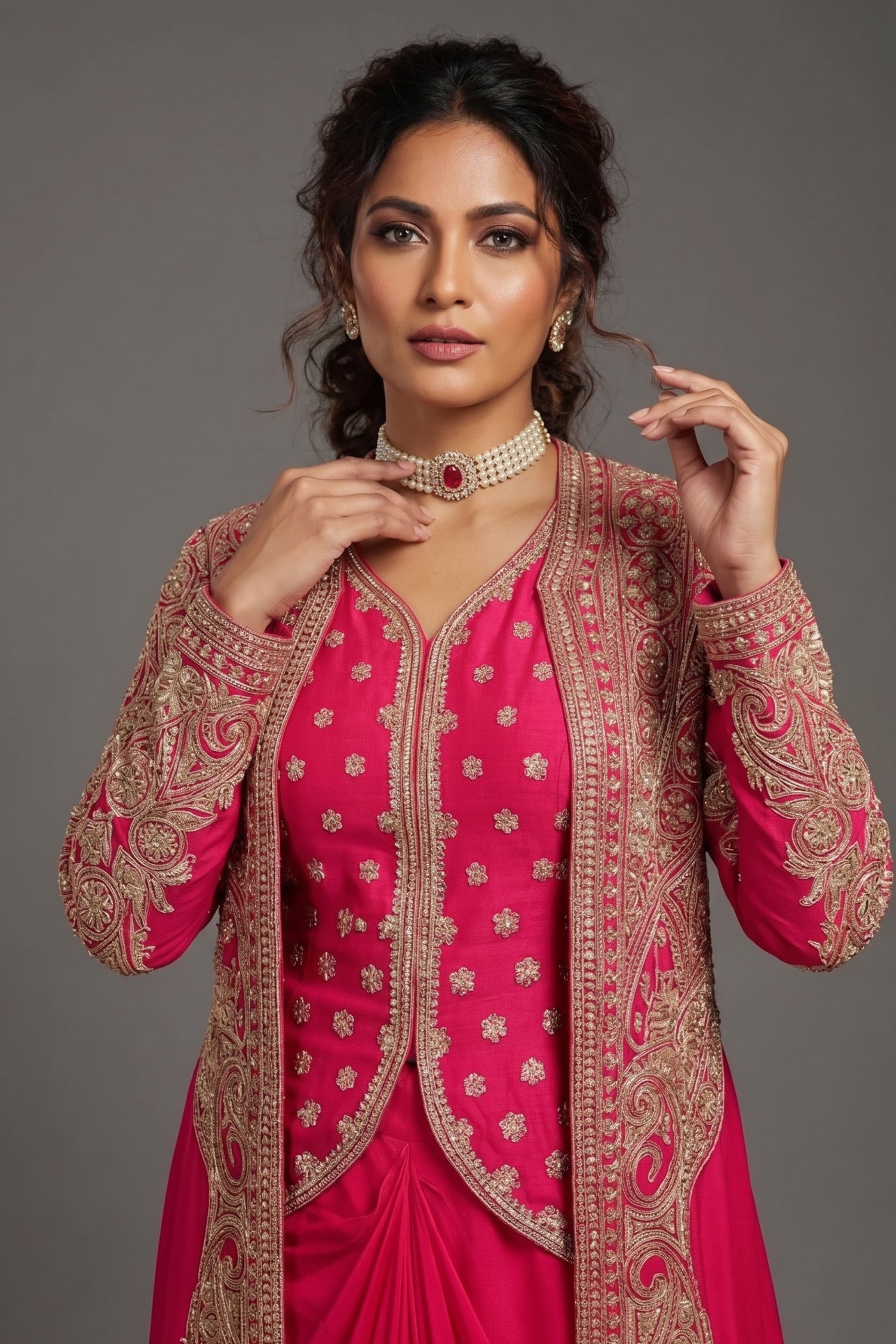 Pink Raw Silk Designer Heavy Worked Crop Top Jacket with Pleated Dhoti Skirt - pink silk saree