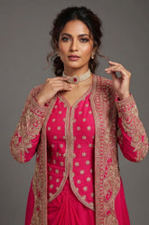 Pink Raw Silk Designer Heavy Worked Crop Top Jacket with Pleated Dhoti Skirt - pink silk saree