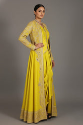 Lime Yellow Raw Silk Designer Heavy Worked Crop Top Jacket with Pleated Dhoti Skirt - yellow silk saree