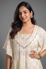Off White Georgette Lucknowi Sequin Worked Kaftan Set - white georgette saree