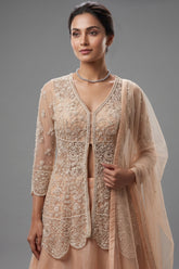 Beige Net Embellished Sequin Cutdana Worked Slit Cut Peplum Top with Lehenga