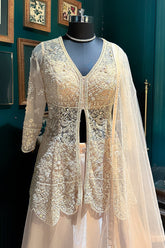 Beige Net Embellished Sequin Cutdana Worked Slit Cut Peplum Top with Lehenga