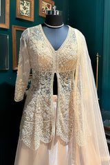 Beige Net Embellished Sequin Cutdana Worked Slit Cut Peplum Top with Lehenga