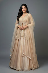 Beige Net Embellished Sequin Cutdana Worked Slit Cut Peplum Top with Lehenga