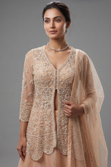 Beige Net Embellished Sequin Cutdana Worked Slit Cut Peplum Top with Lehenga