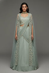 Light Mint Green Satin Embellished Crop Top Lehenga Set with Attached Dupatta and Long Shurg