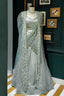 Light Mint Green Satin Embellished Crop Top Lehenga Set with Attached Dupatta and Long Shurg