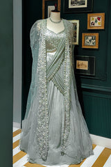 Light Mint Green Satin Embellished Crop Top Lehenga Set with Attached Dupatta and Long Shurg