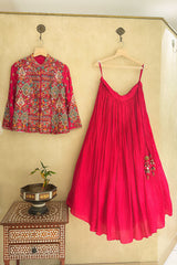 Pink Silk Floral Embroidered Top and Lehenga Set