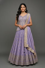 Purple Embellished Sequin Cutdana Worked Slit Cut Peplum Top with Lehenga