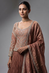 Brown Embellished Sequin Cutdana Worked Peplum Top with Lehenga - plum saree