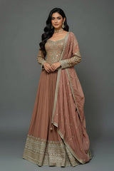 Brown Embellished Sequin Cutdana Worked Peplum Top with Lehenga