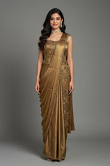 Golden Satin Embroidered Draped Saree Dress