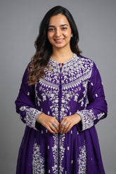 Violet Purple Raw Silk High Slit Cut Beaded Palazzo Suit - purple silk saree