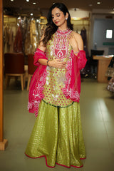 Mehendi Green Raw Silk Mirror and Beads Work Halter Neck Palazzo Suit