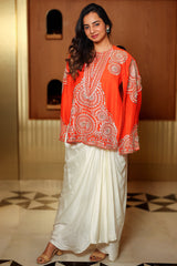 Orange Raw Silk Beaded and Gota Work Cape Top and Dhoti Skirt Set