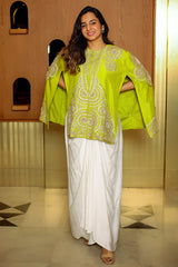 Parrot Green Raw Silk Beaded and Gota Work Cape Top and Dhoti Skirt Set