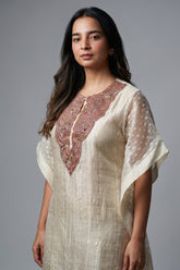 Ivory Beige Tissue Woven Stripes Kaftan Set with Beads and Embroidery Work - ivory saree embroidery