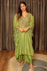 Parrot Green Silk Bandhej Printed Kaftan Set with Zardosi and Beads Work