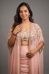 Baby Pink Silk Sequin Cutdana Crop Top Draped Skirt Set with Cape Jacket - pink silk saree