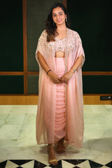 Baby Pink Silk Sequin Cutdana Crop Top Draped Skirt Set with Cape Jacket