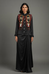 Black Satin Crepe Embellished Statement Shirt with Dhoti Skirt - black satin saree