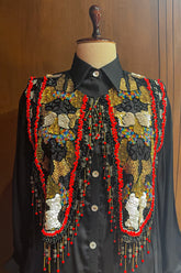 Black Satin Crepe Embellished Statement Shirt with Dhoti Skirt - black satin saree