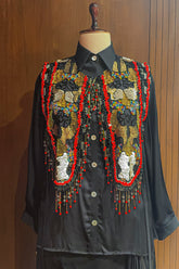 Black Satin Crepe Embellished Statement Shirt with Dhoti Skirt - black satin saree