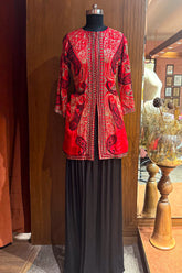 Red Raw Silk Embellished Sequin Beaded Top Palazzo Set - red silk saree
