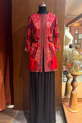 Red Raw Silk Embellished Sequin Beaded Top Palazzo Set