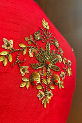 Red Satin Silk Dress with Embellished Jacket - red silk saree